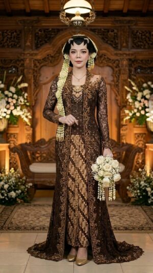 Earth-Tone Royal Javanese Bride — Classic Bronze Kebaya Inspiration Royal Champagne Gold Javanese Bridal Kebaya Gown