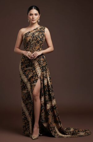 Modern Asymmetric Gold Batik Evening Gown