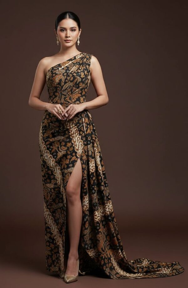 Gaun Batik Indonesia Modern Asymmetric Gold Batik Evening Gown
