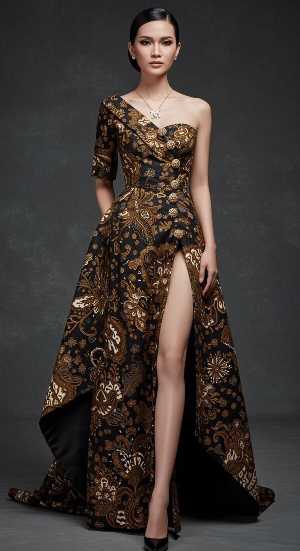 Inspirasi Gaun Batik Modern Regal One-Shoulder Gold Batik Draped Evening Gown