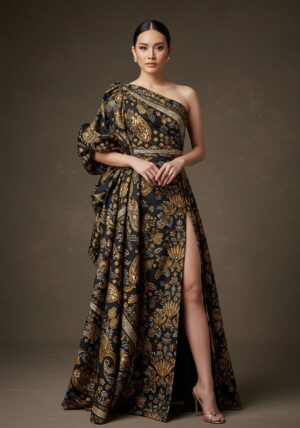 Regal One-Shoulder Gold Batik Draped Evening Gown