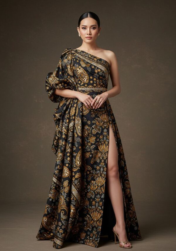 Regal One-Shoulder Gold Batik Draped Evening Gown