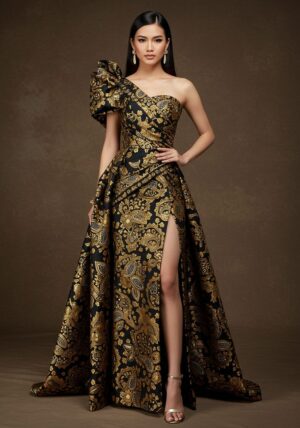 Luxury Gold & Black Batik One-Shoulder Evening Gown