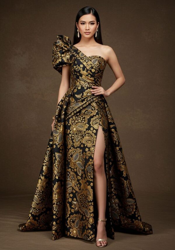 Luxury Gold & Black Batik One-Shoulder Evening Gown
