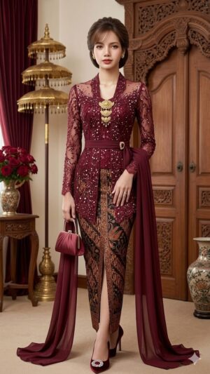 Elegant Maroon Off-Shoulder Indonesian Kebaya & Batik Set