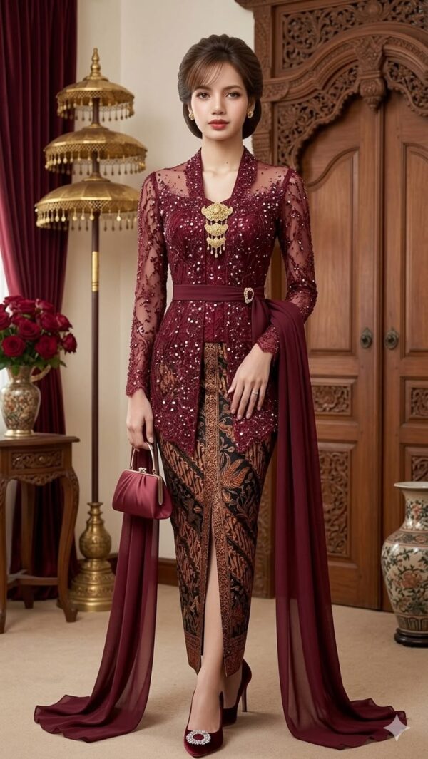 download (94) Elegant Maroon Off-Shoulder Indonesian Kebaya & Batik Set