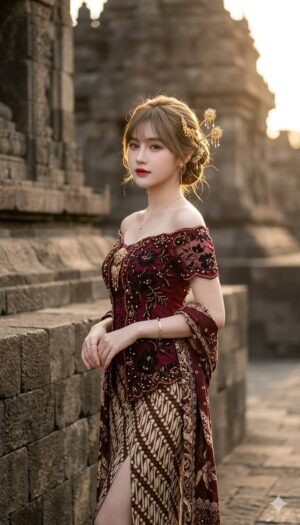 Elegant Maroon Off-Shoulder Indonesian Kebaya & Batik Set